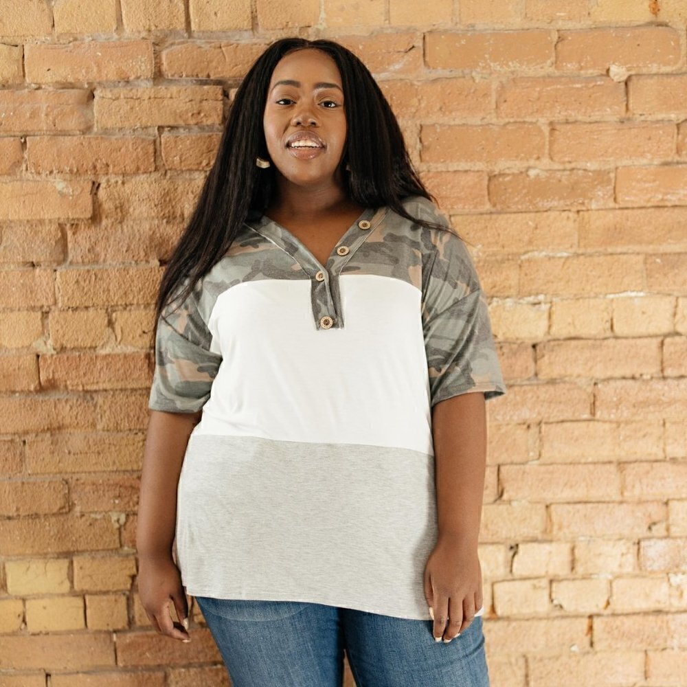 Haptics Camo & Buttons Color Block Top - Picture 5 of 5